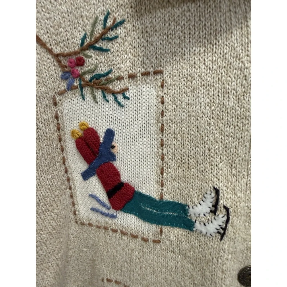 Alfred Dunner Holiday Christmas Cardigan Beige M Embroidered 3D Grandma Cottage